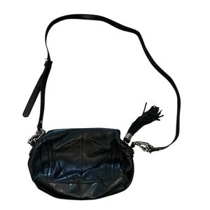 B. MAKOWSKY small black pieced leather crossbody bag with silver chain accents